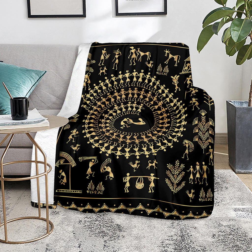 Black And Gold Warli Tribal Print Blanket
