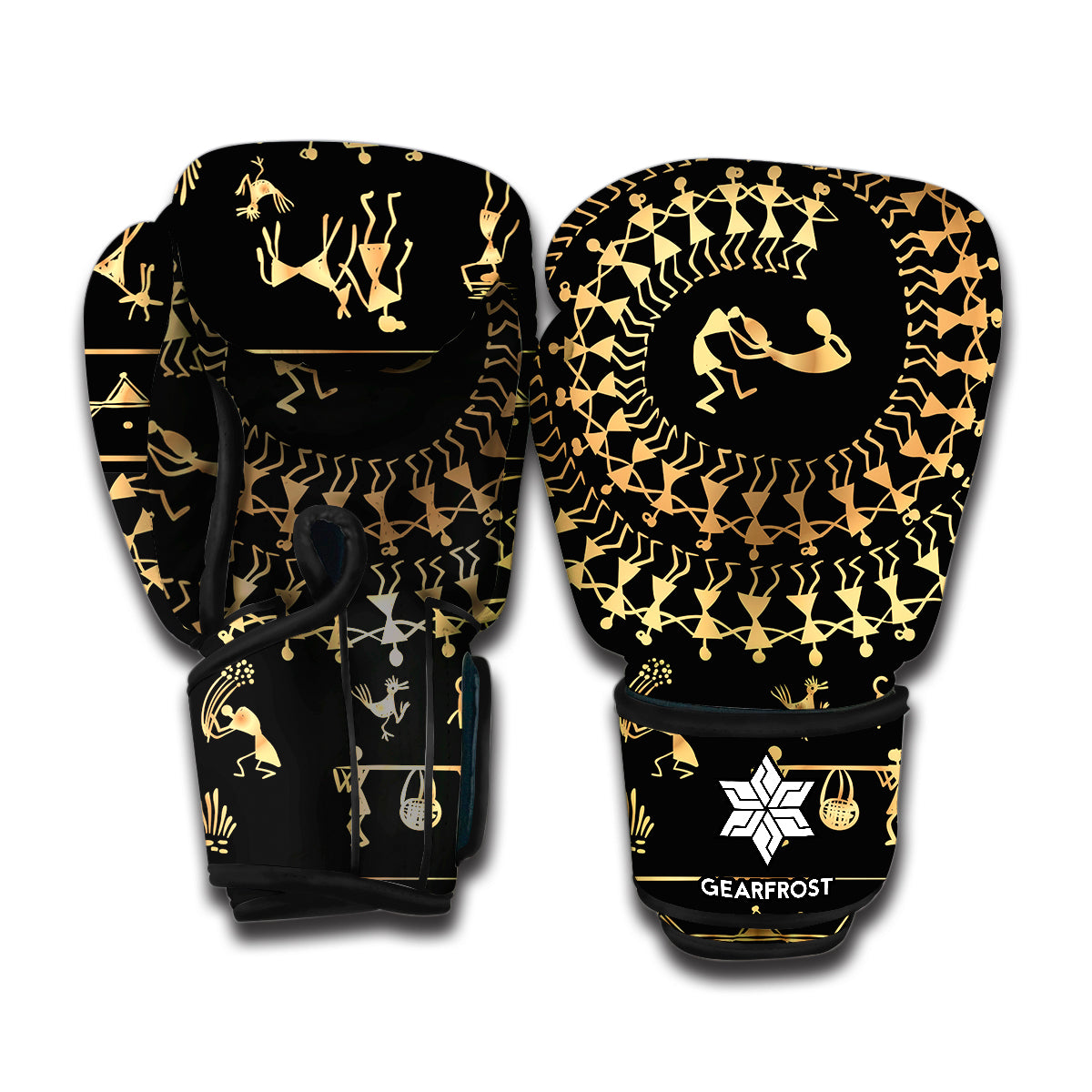 Black And Gold Warli Tribal Print Boxing Gloves