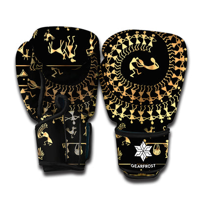 Black And Gold Warli Tribal Print Boxing Gloves