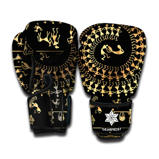 Black And Gold Warli Tribal Print Boxing Gloves