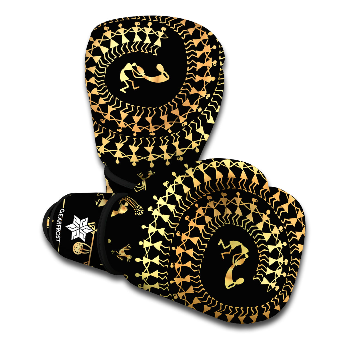 Black And Gold Warli Tribal Print Boxing Gloves