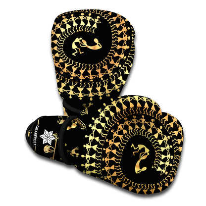 Black And Gold Warli Tribal Print Boxing Gloves