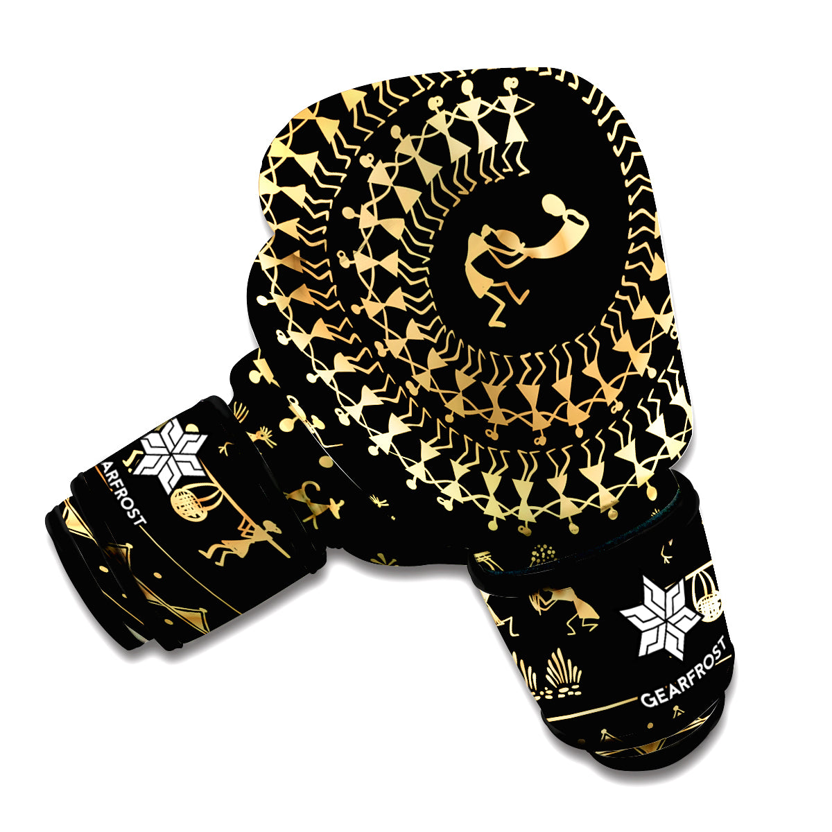 Black And Gold Warli Tribal Print Boxing Gloves