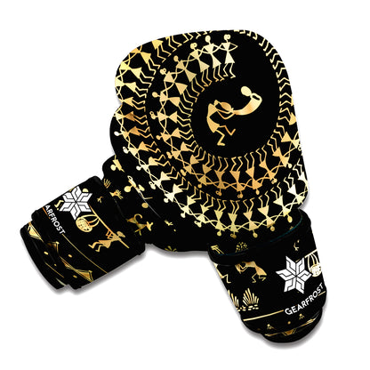 Black And Gold Warli Tribal Print Boxing Gloves
