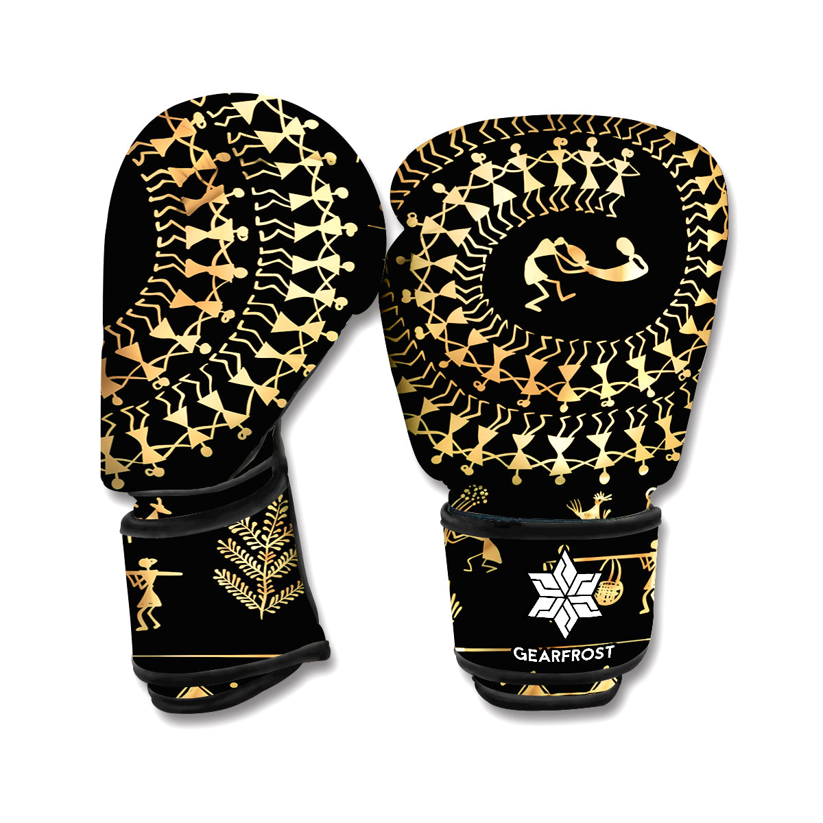 Black And Gold Warli Tribal Print Boxing Gloves GearFrost