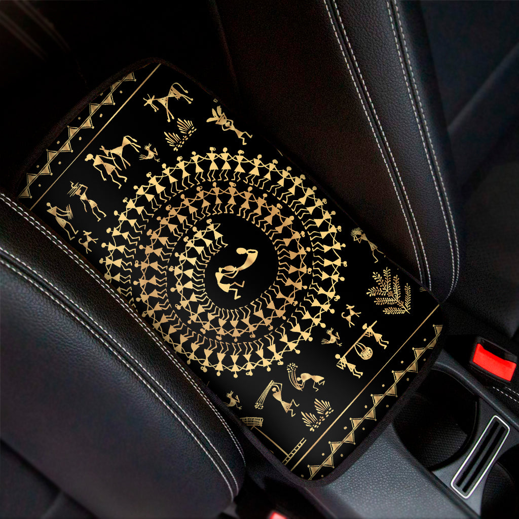 Black And Gold Warli Tribal Print Car Center Console Cover
