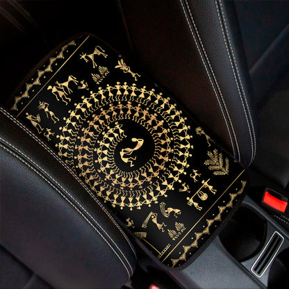 Black And Gold Warli Tribal Print Car Center Console Cover