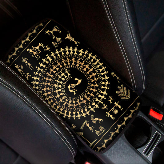 Black And Gold Warli Tribal Print Car Center Console Cover