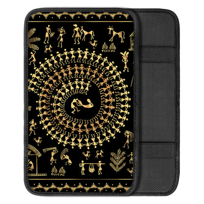 Black And Gold Warli Tribal Print Car Center Console Cover