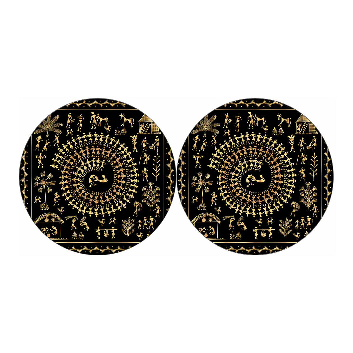 Black And Gold Warli Tribal Print Car Coasters