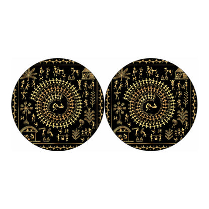 Black And Gold Warli Tribal Print Car Coasters