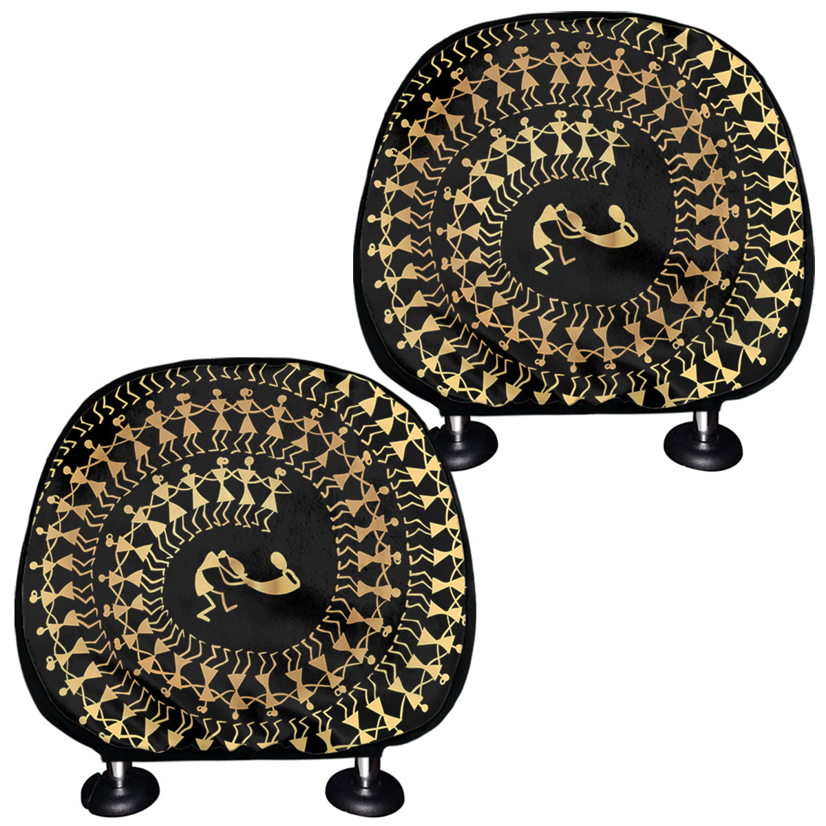 Black And Gold Warli Tribal Print Car Headrest Covers