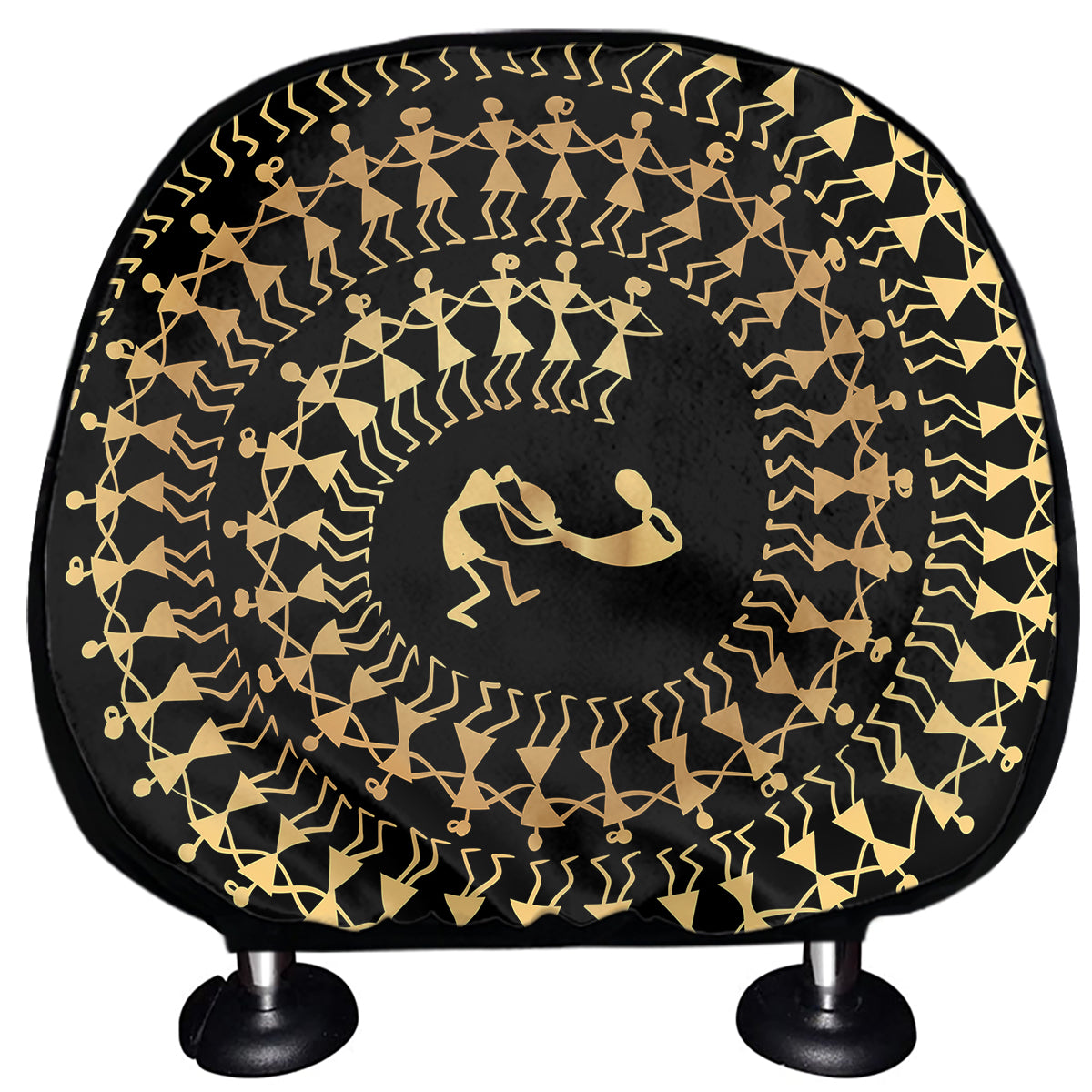 Black And Gold Warli Tribal Print Car Headrest Covers