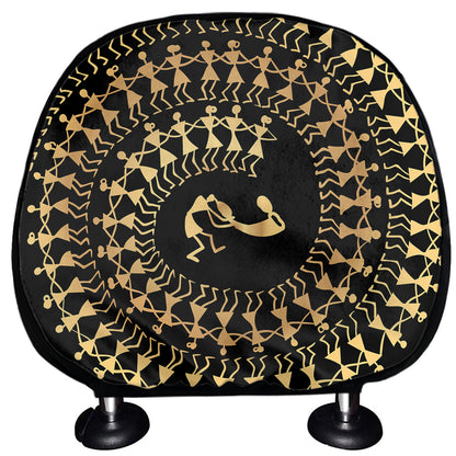 Black And Gold Warli Tribal Print Car Headrest Covers