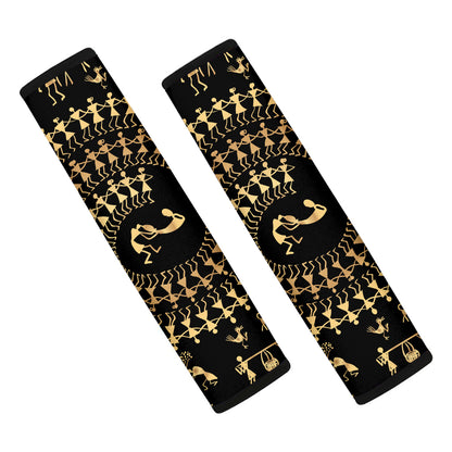 Black And Gold Warli Tribal Print Car Seat Belt Covers