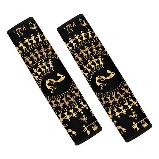 Black And Gold Warli Tribal Print Car Seat Belt Covers