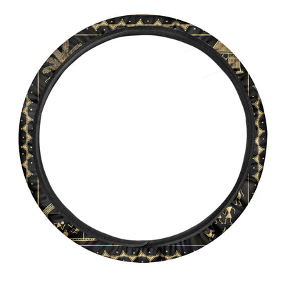 Black And Gold Warli Tribal Print Car Steering Wheel Cover