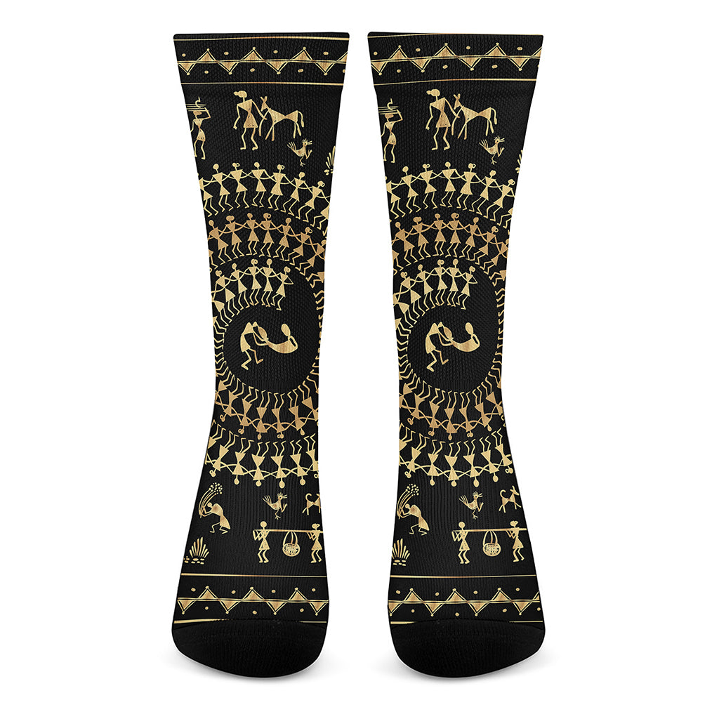 Black And Gold Warli Tribal Print Crew Socks