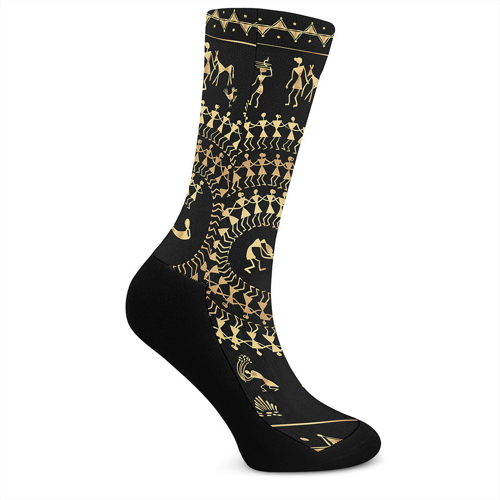 Black And Gold Warli Tribal Print Crew Socks