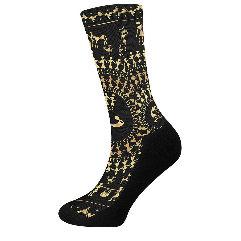 Black And Gold Warli Tribal Print Crew Socks