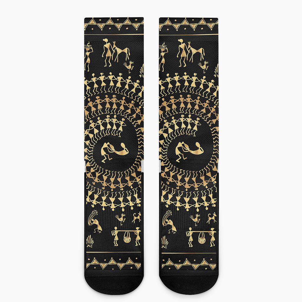 Black And Gold Warli Tribal Print Crew Socks