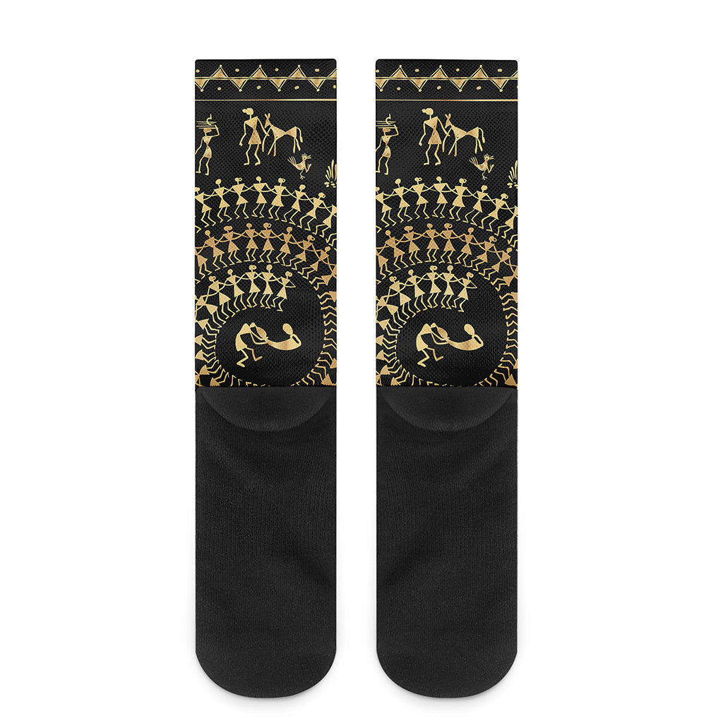 Black And Gold Warli Tribal Print Crew Socks