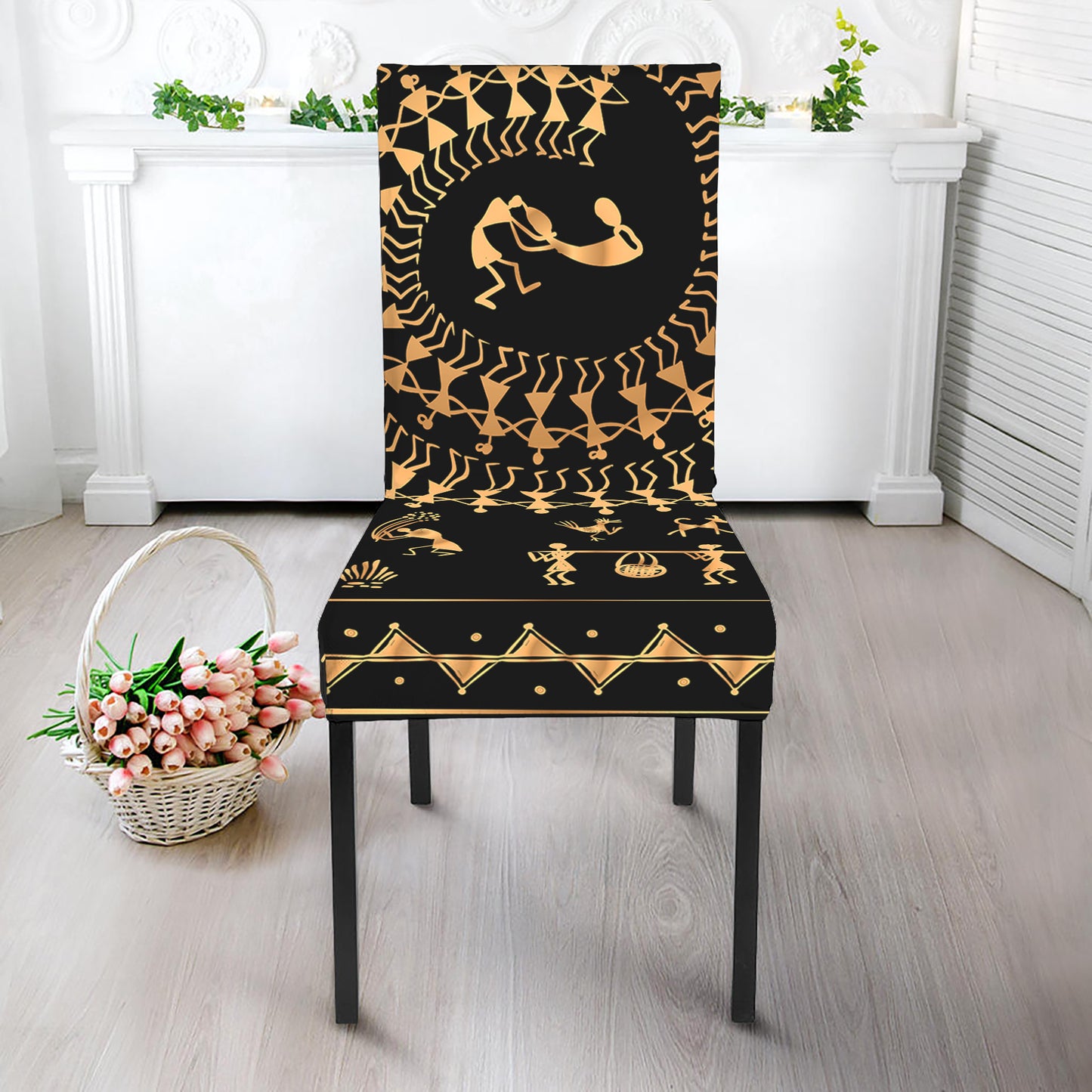 Black And Gold Warli Tribal Print Dining Chair Slipcover