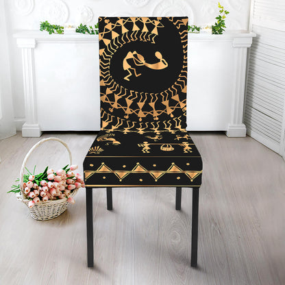 Black And Gold Warli Tribal Print Dining Chair Slipcover