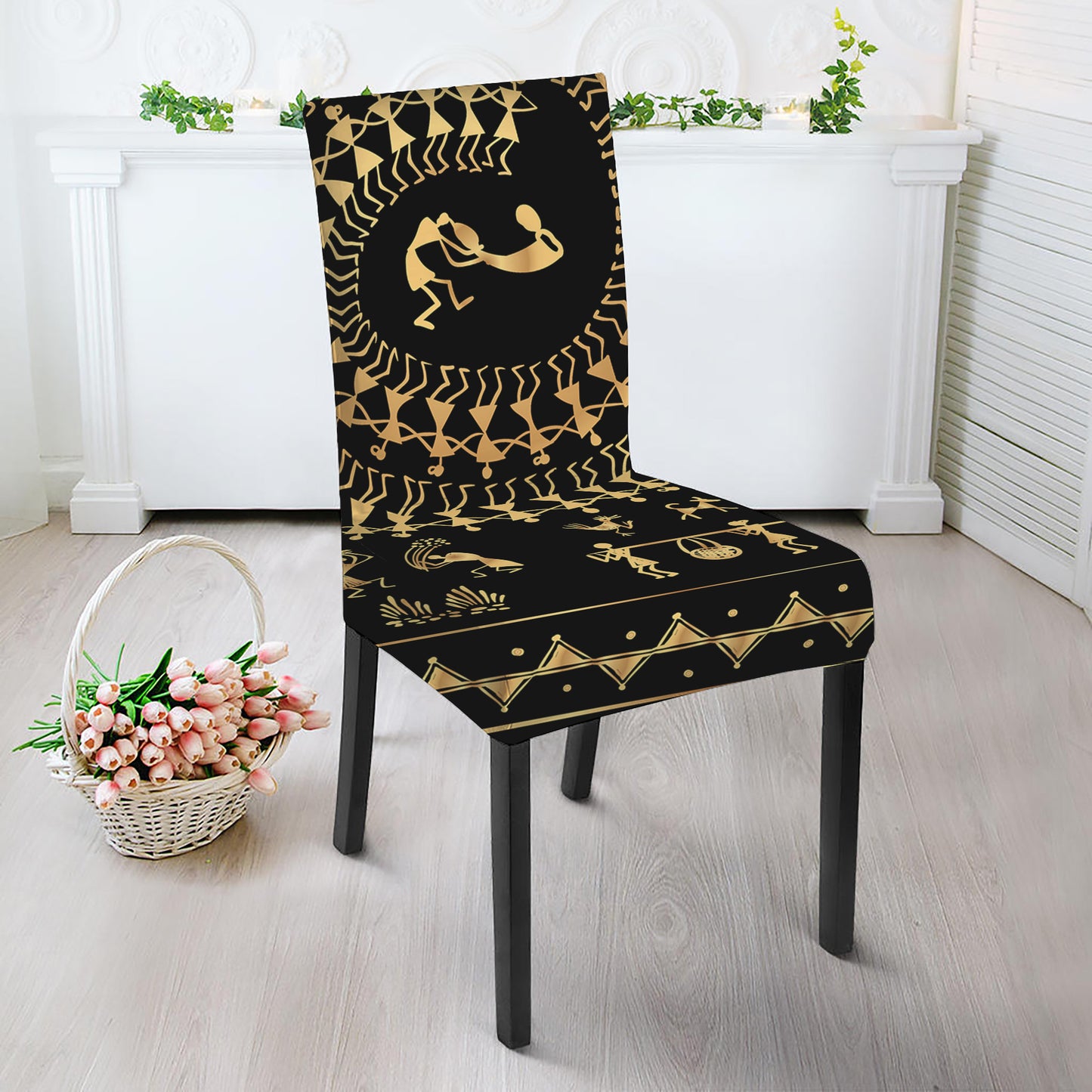 Black And Gold Warli Tribal Print Dining Chair Slipcover