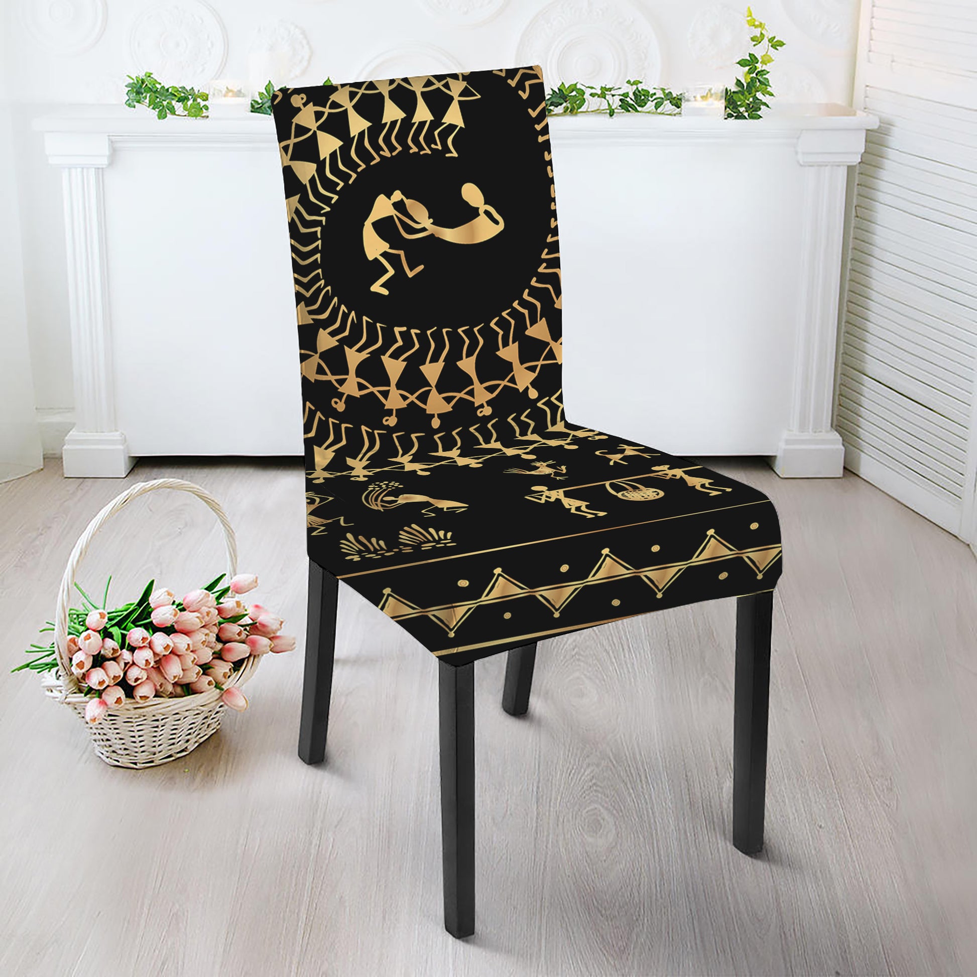 Black And Gold Warli Tribal Print Dining Chair Slipcover