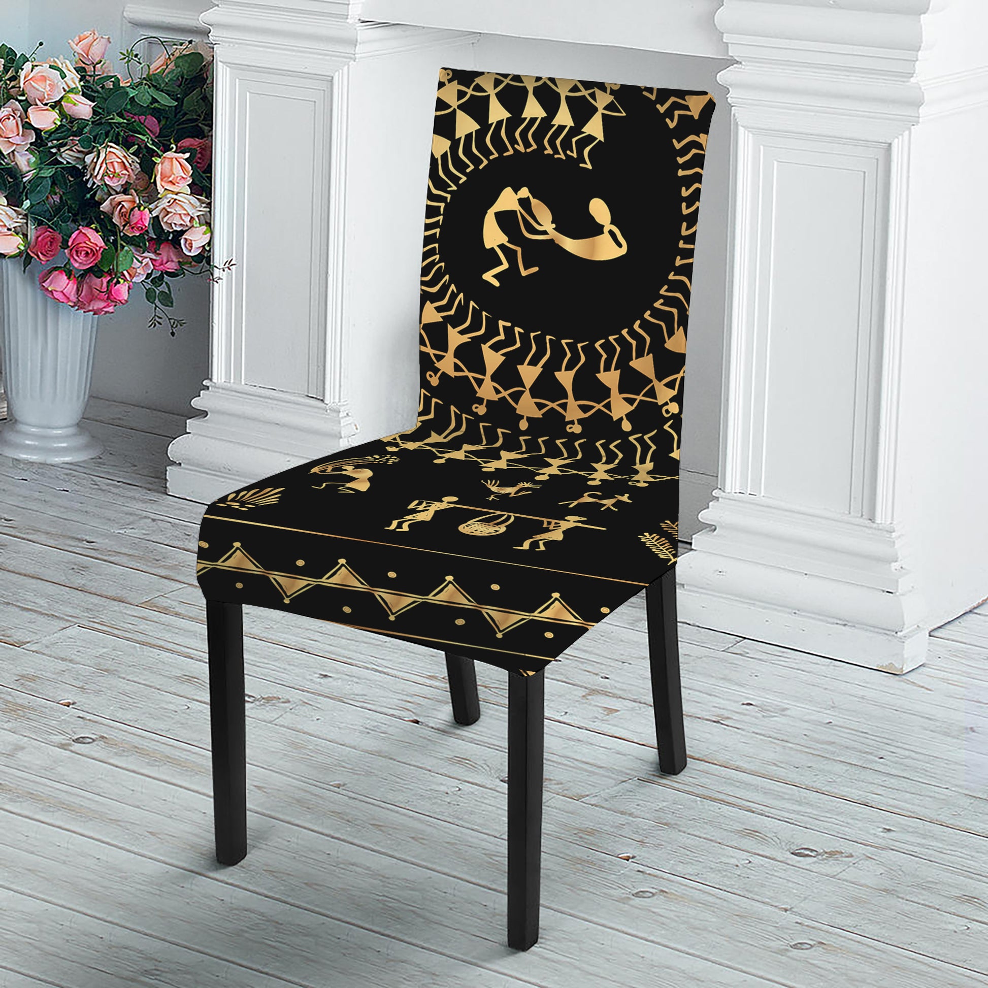 Black And Gold Warli Tribal Print Dining Chair Slipcover