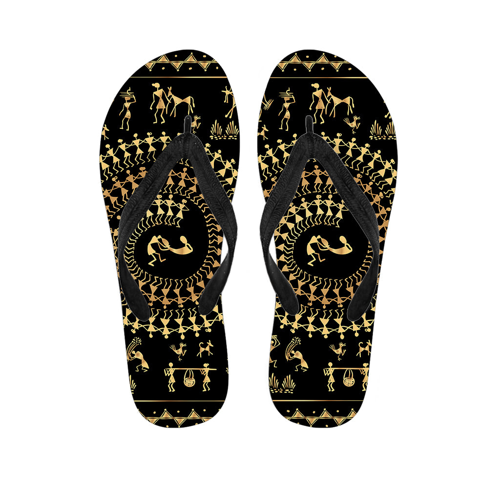 Black And Gold Warli Tribal Print Flip Flops