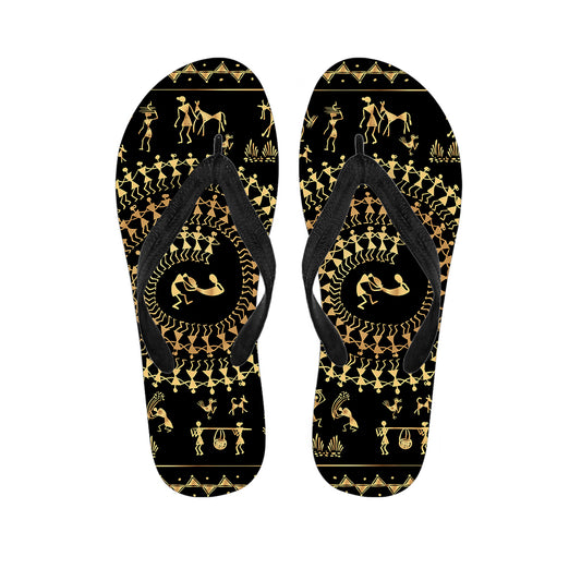 Black And Gold Warli Tribal Print Flip Flops