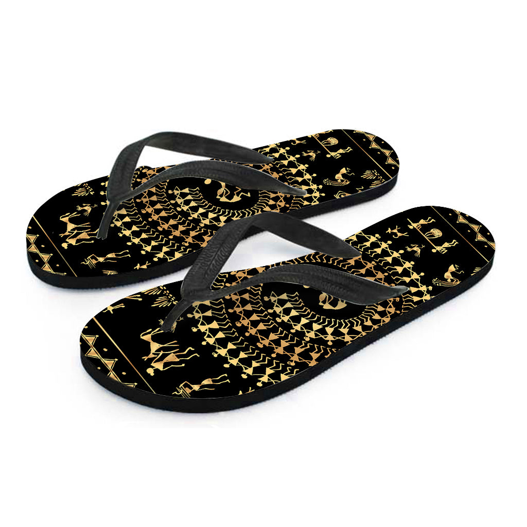 Black And Gold Warli Tribal Print Flip Flops
