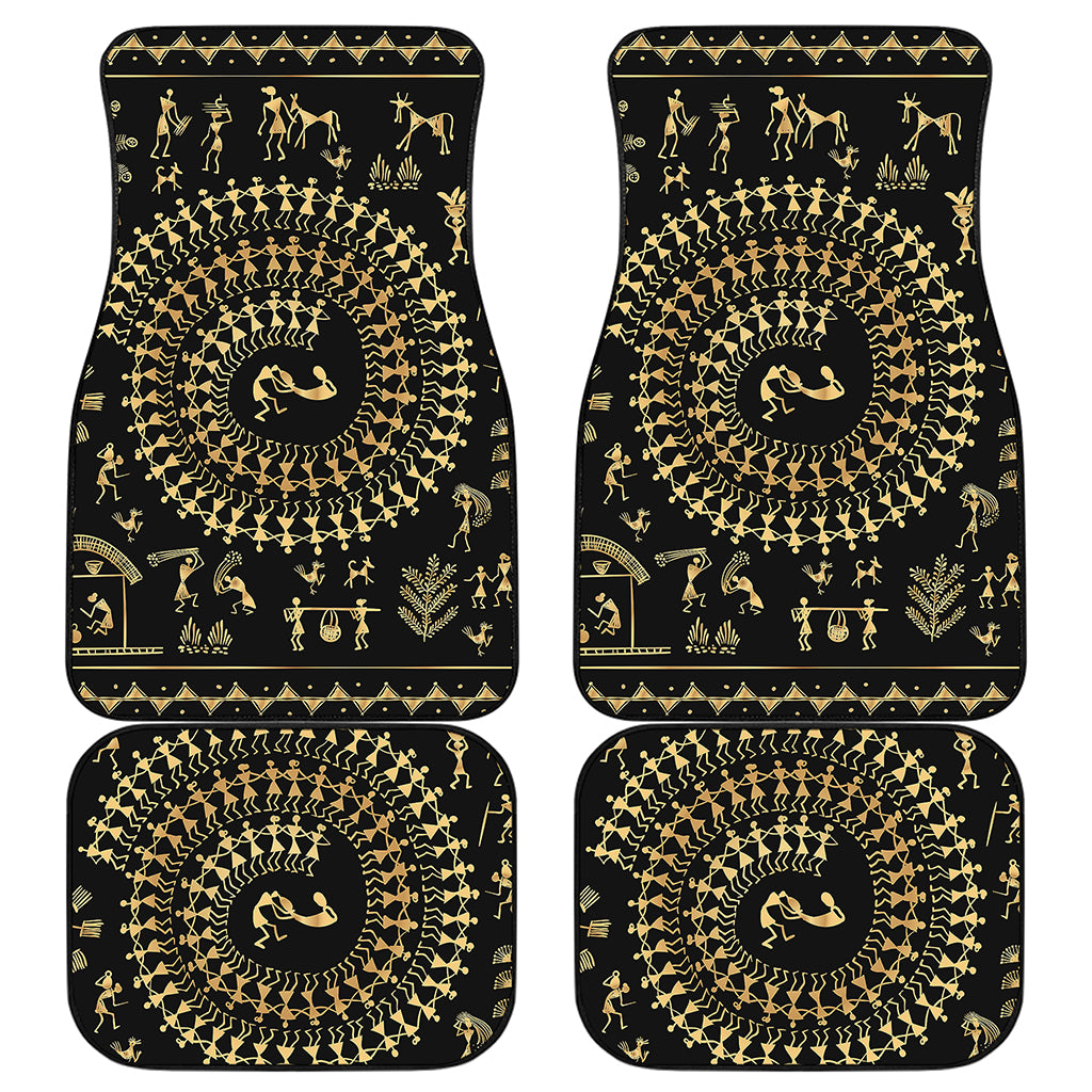 Black And Gold Warli Tribal Print Front and Back Car Floor Mats