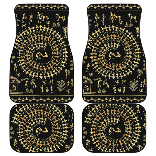 Black And Gold Warli Tribal Print Front and Back Car Floor Mats