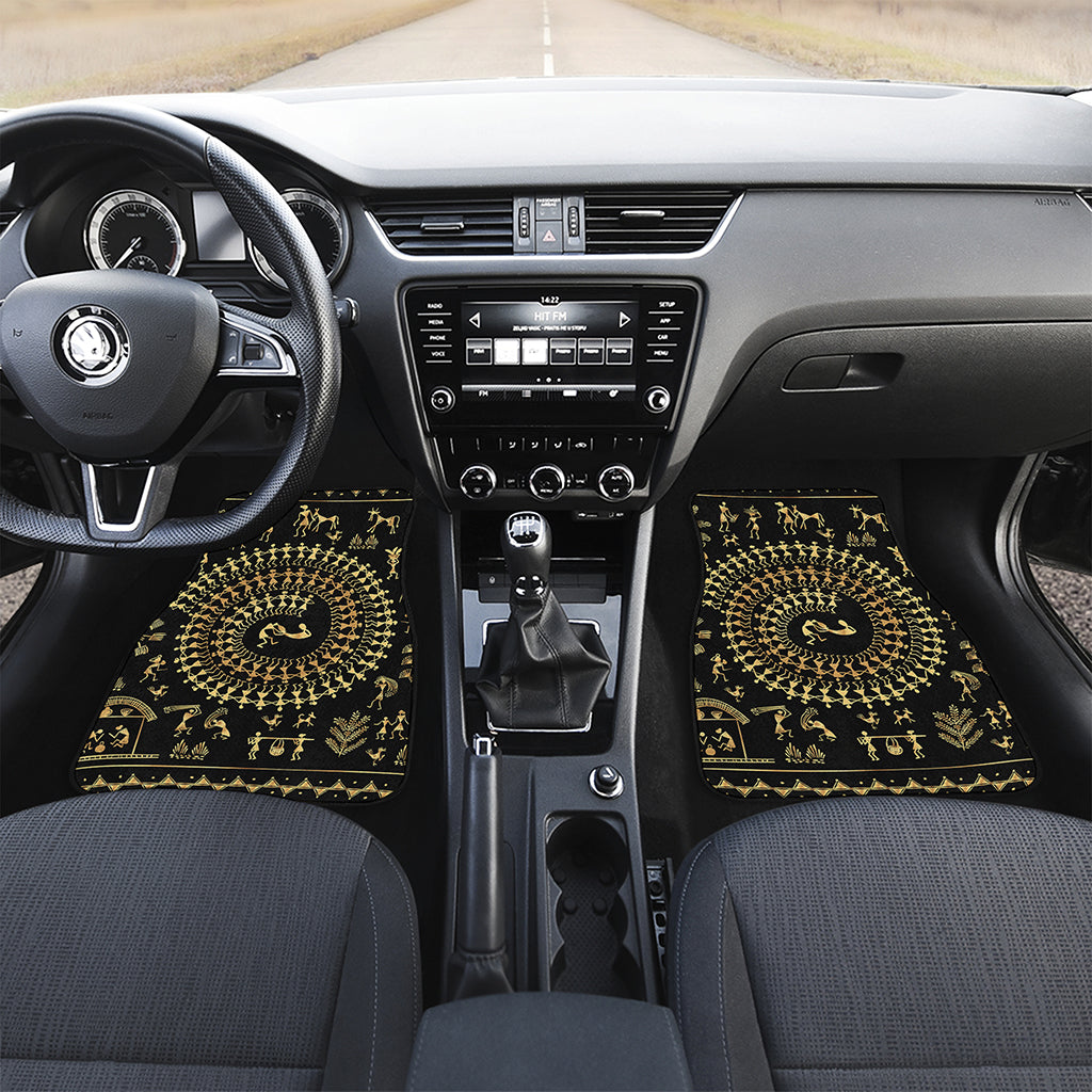 Black And Gold Warli Tribal Print Front and Back Car Floor Mats