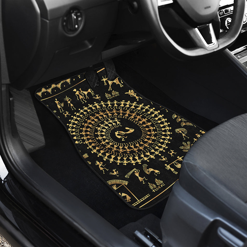 Black And Gold Warli Tribal Print Front and Back Car Floor Mats