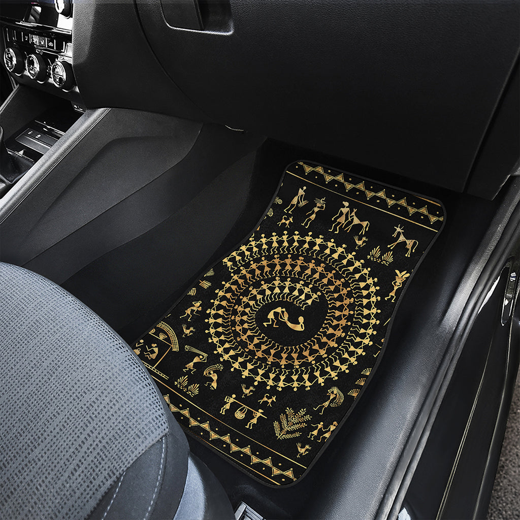 Black And Gold Warli Tribal Print Front and Back Car Floor Mats