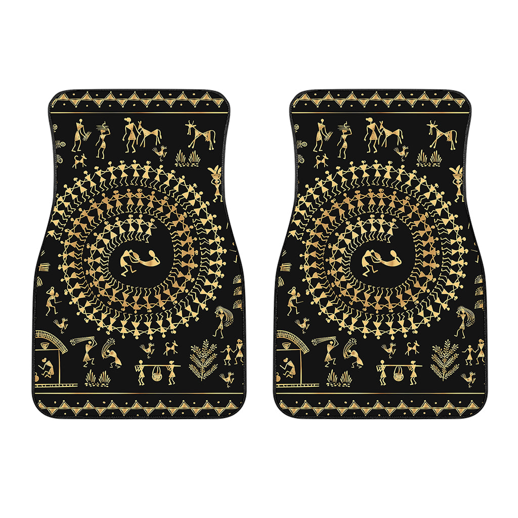 Black And Gold Warli Tribal Print Front Car Floor Mats