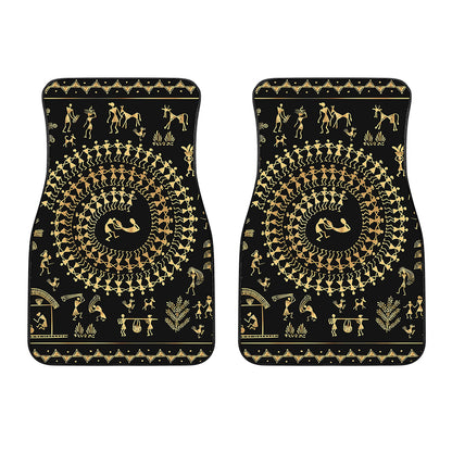 Black And Gold Warli Tribal Print Front Car Floor Mats