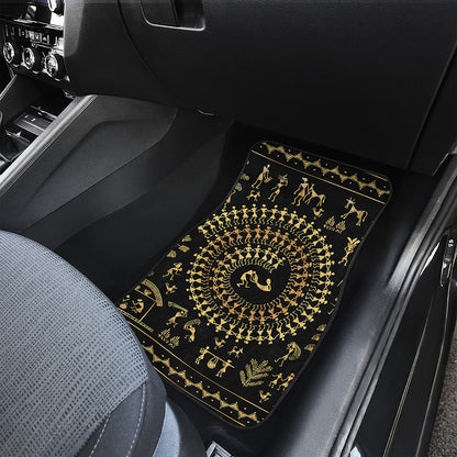 Black And Gold Warli Tribal Print Front Car Floor Mats