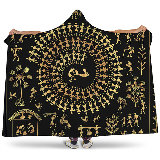 Black And Gold Warli Tribal Print Hooded Blanket