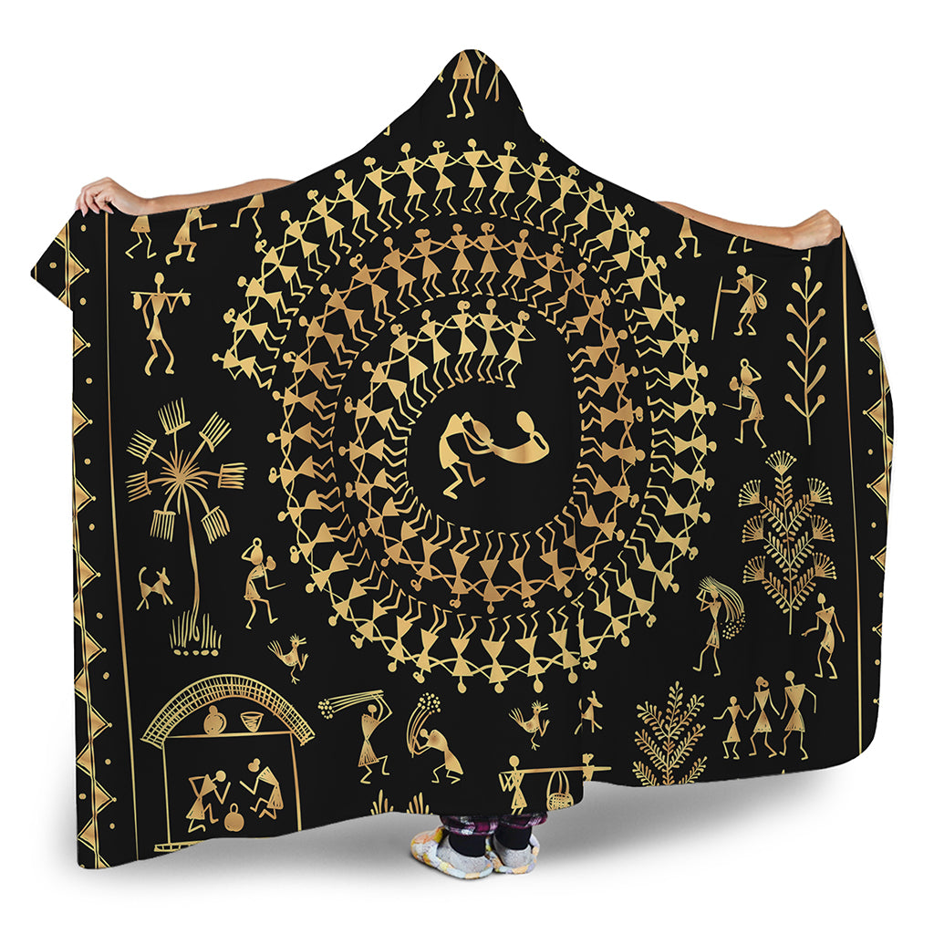 Black And Gold Warli Tribal Print Hooded Blanket