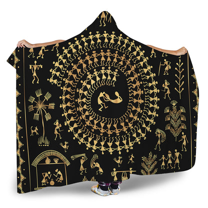 Black And Gold Warli Tribal Print Hooded Blanket