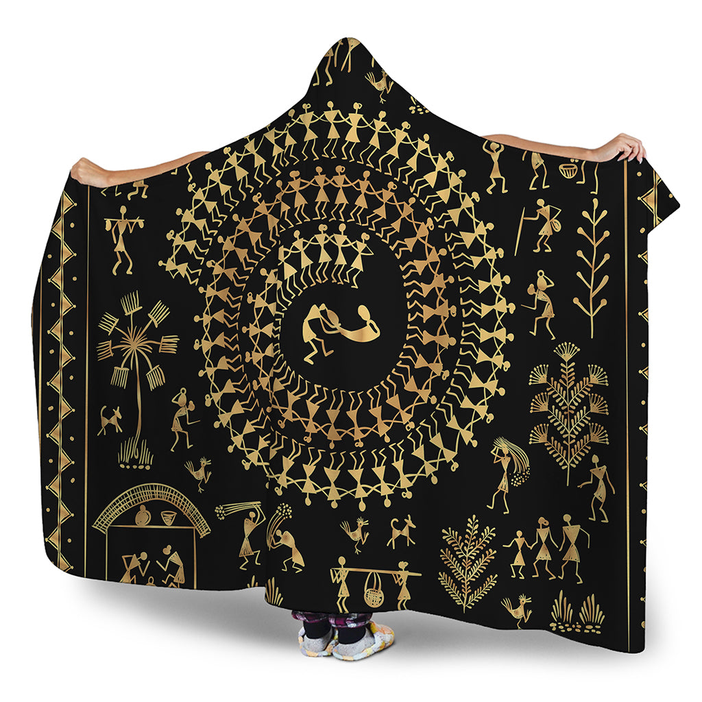 Black And Gold Warli Tribal Print Hooded Blanket