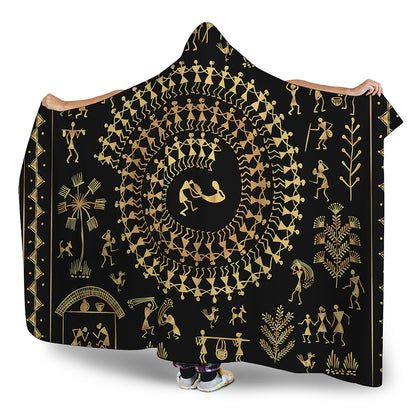 Black And Gold Warli Tribal Print Hooded Blanket