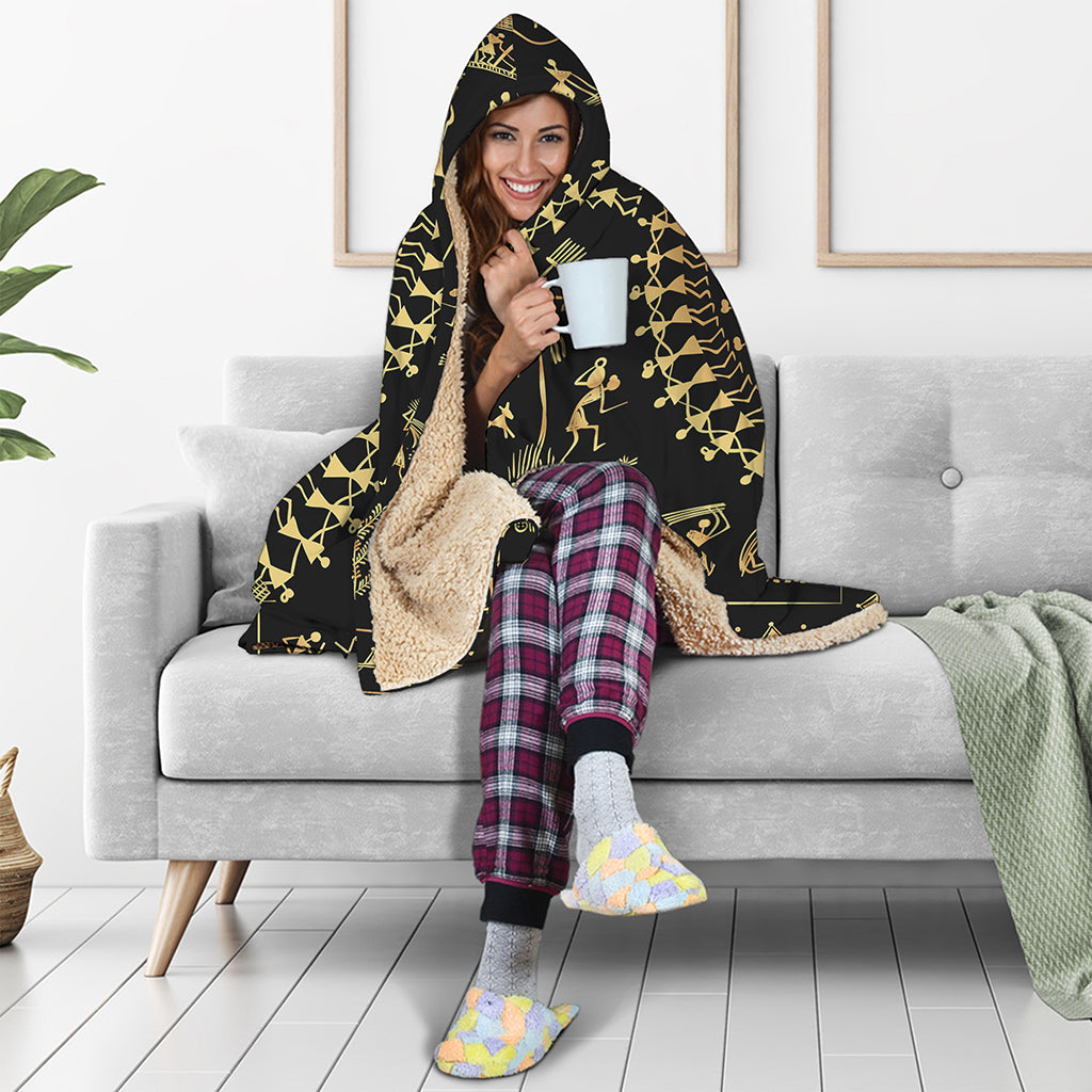 Black And Gold Warli Tribal Print Hooded Blanket