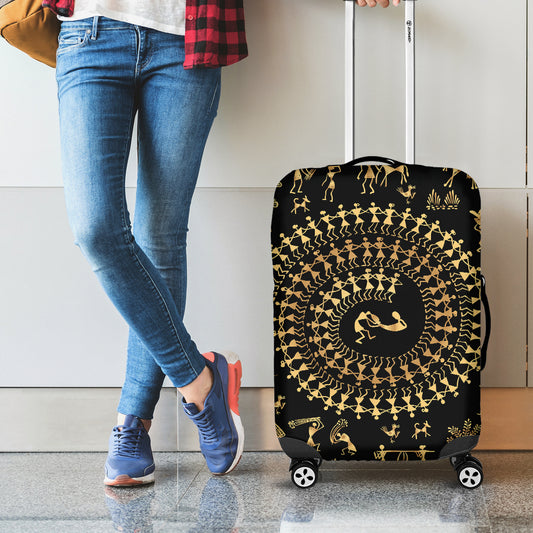 Black And Gold Warli Tribal Print Luggage Cover