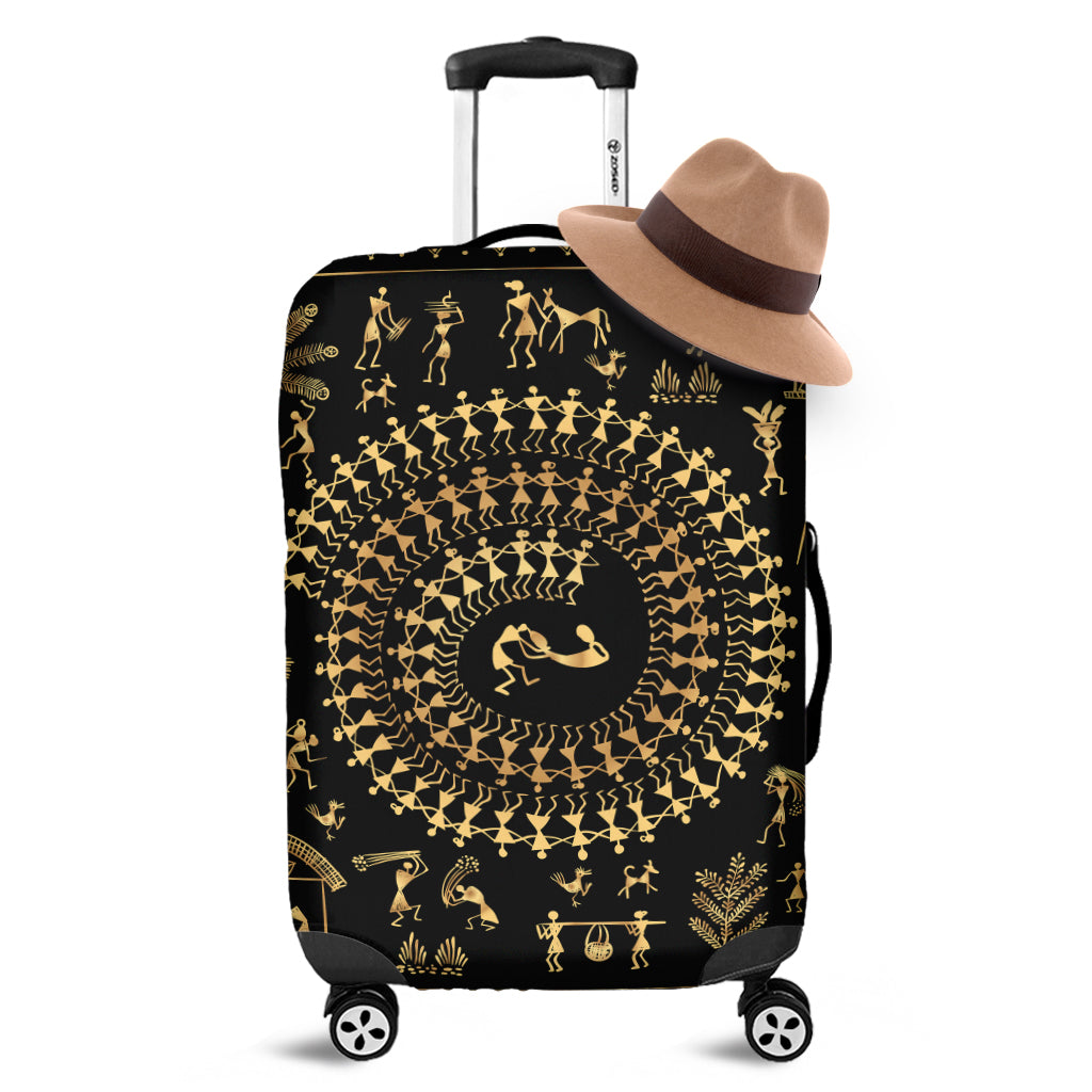 Black And Gold Warli Tribal Print Luggage Cover